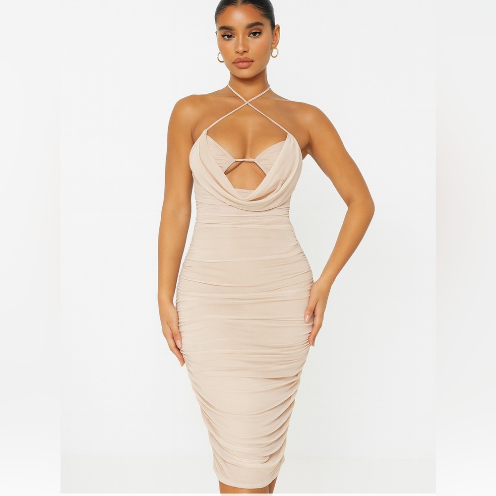 PrettyLittleThing Mesh Cowl Neck Ruched Midi‎ Dress size 10
